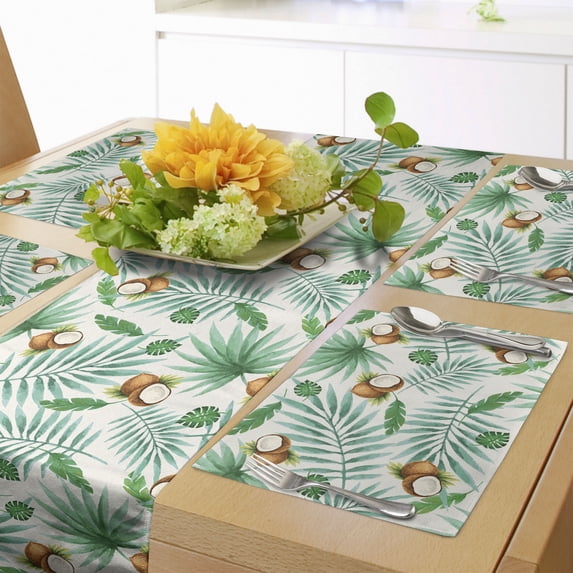 Ambesonne Watercolor Table Runner & Placemats, Coconut Aloha Hawaii, Placemat 4 pcs + Runner 12"x90", Green Pale Brown
