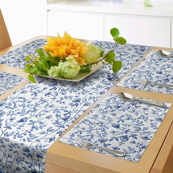 Ambesonne Watercolor Table Runner & Placemats, Long Branches Flowers, Placemat 4 pcs + Runner 14"x90", Blue White and Ceil Blue