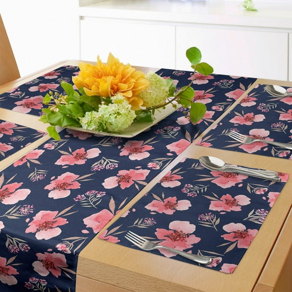Ambesonne Watercolor Table Runner & Placemats, Pink Garden Flora, Placemat 4 pcs + Runner 12"x72", Navy Blue Coral