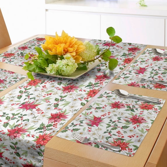 Ambesonne Watercolor Table Runner & Placemats, Poinsettia Rowan, Placemat 4 pcs + Runner 14"x90", Vermilion Green Magenta