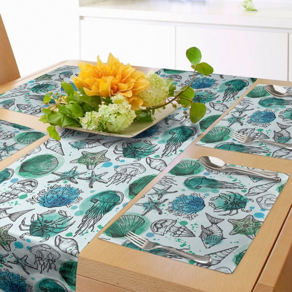 Ambesonne Watercolor Table Runner & Placemats, Seaweed Underwater Fauna, Placemat 4 pcs + Runner 16"x72", Seafoam Deep Sky Blue