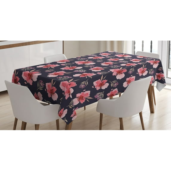 Ambesonne Watercolor Tablecloth Rectangular Table Cover, Pink Garden Flora, 52"x70", Navy Blue Coral