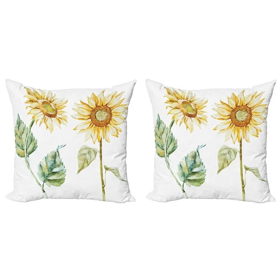 Ambesonne Watercolor Throw Pillow Cover 2 Pack, Alluring Sunflowers, 18", Yellow Green Yellow