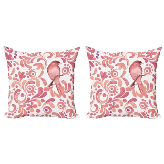 Ambesonne Watercolor Throw Pillow Cover 2 Pack, Bird on Branch, 20", Coral Dried Rose White