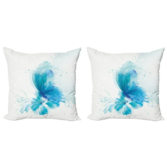 Ambesonne Watercolor Throw Pillow Cover 2 Pack, Butterfly on Flower, 16", Blue Sky Blue White