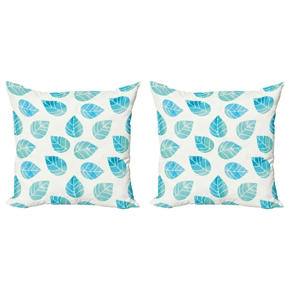 Ambesonne Watercolor Throw Pillow Cover 2 Pack, Fallen Blue Leaves, 18", Aqua White