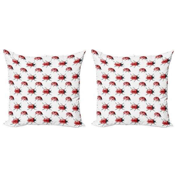 Ambesonne Watercolor Throw Pillow Cover 2 Pack, Lady Bug Insect, 16", Vermilion Black White