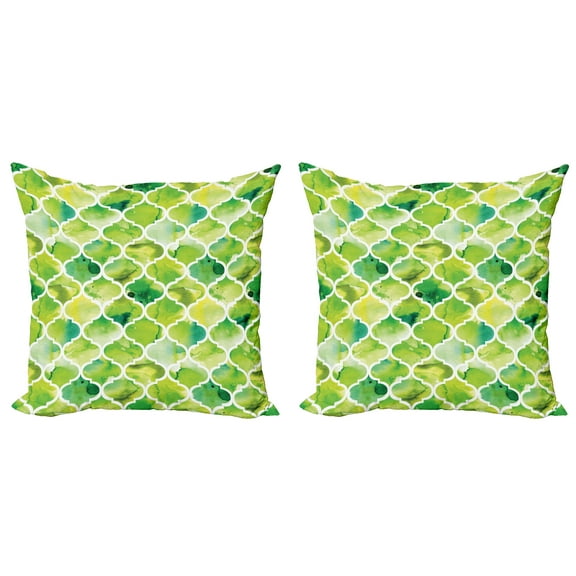 Ambesonne Watercolor Throw Pillow Cover 2 Pack, Moroccan Trellis, 24", Lime Green Yellow White