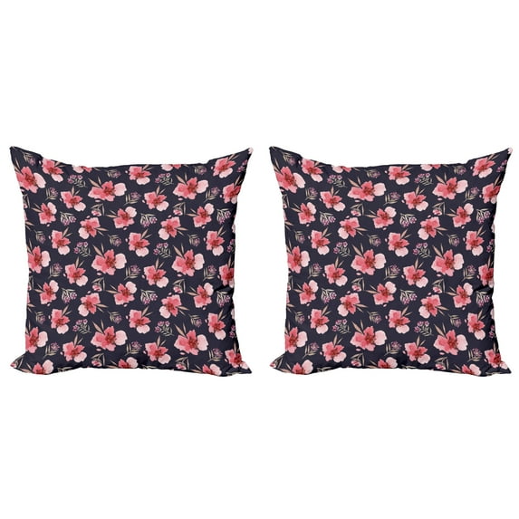 Ambesonne Watercolor Throw Pillow Cover 2 Pack, Pink Garden Flora, 16", Navy Blue Coral