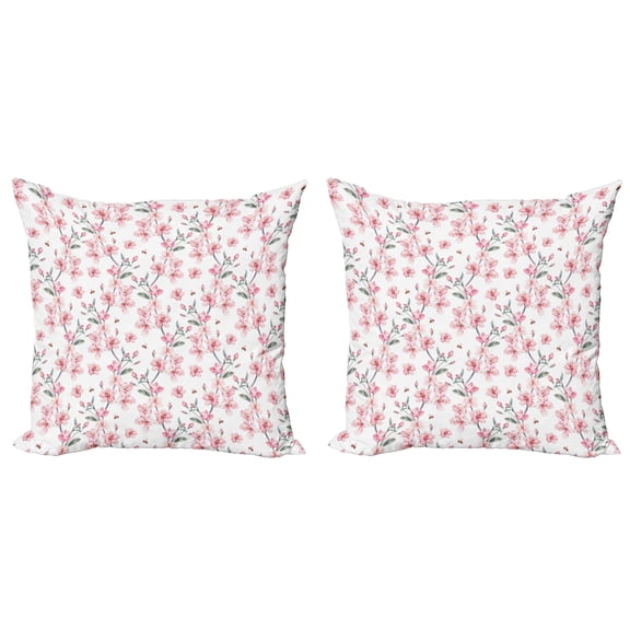 Ambesonne Watercolor Throw Pillow Cover 2 Pack, Sakura Cherry Garden, 24", Reseda Green Pale Pink
