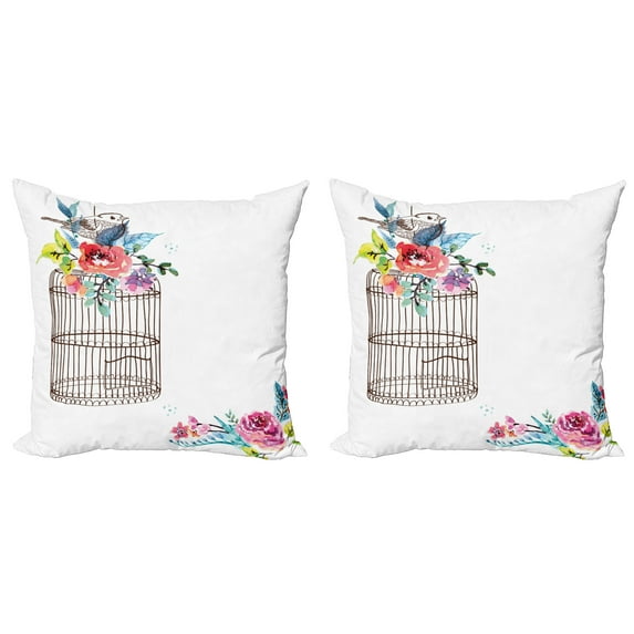 Ambesonne Watercolor Throw Pillow Cover 2 Pack, Sketch Bird Cage, 18", Brown Multicolor