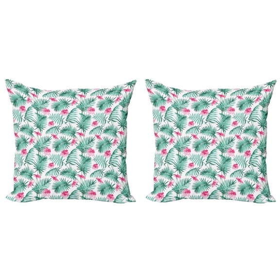 Ambesonne Watercolor Throw Pillow Cover 2 Pack, Tropic Ferns Flowers, 24", Seafoam Pink
