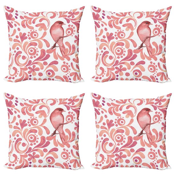 Ambesonne Watercolor Throw Pillow Cover 4 Pack, Bird on Branch, 24", Coral Dried Rose White