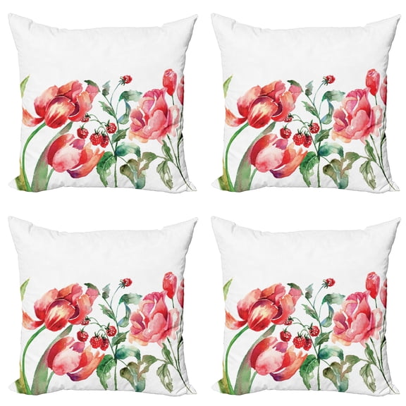 Ambesonne Watercolor Throw Pillow Cover 4 Pack, Botany Berry Flora, 18", Rose Red Jade Green