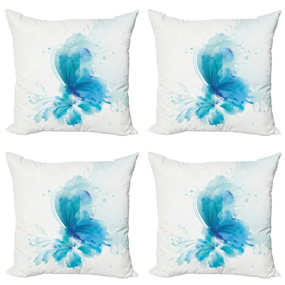 Ambesonne Watercolor Throw Pillow Cover 4 Pack, Butterfly on Flower, 18", Blue Sky Blue White