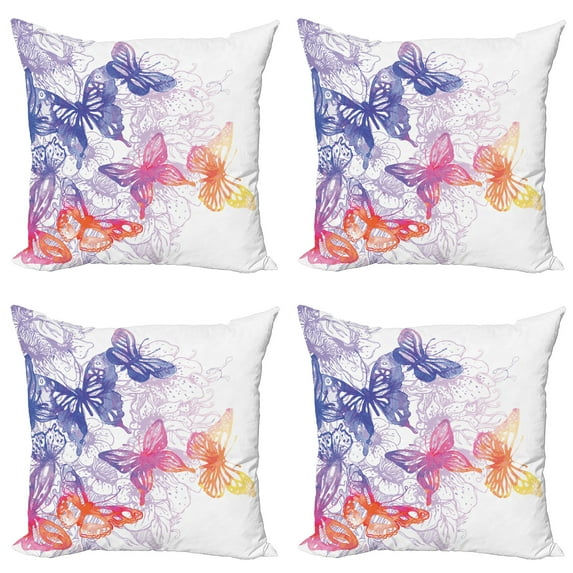 Ambesonne Watercolor Throw Pillow Cover 4 Pack, Fantasy Butterflies, 24", Violet Blue Orange Pink