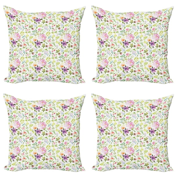 Ambesonne Watercolor Throw Pillow Cover 4 Pack, Gentle Spring Floral, 20", Multicolor