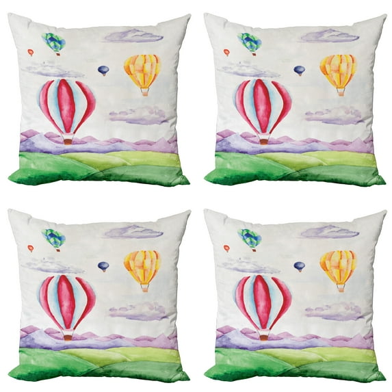 Ambesonne Watercolor Throw Pillow Cover 4 Pack, Hot Air Balloons Scene, 16", Multicolor