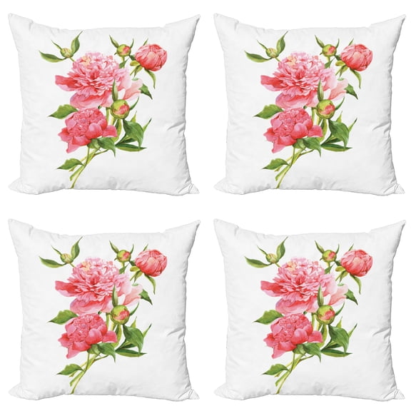 Ambesonne Watercolor Throw Pillow Cover 4 Pack, Pink Peonies Bouquet, 18", Pink Green