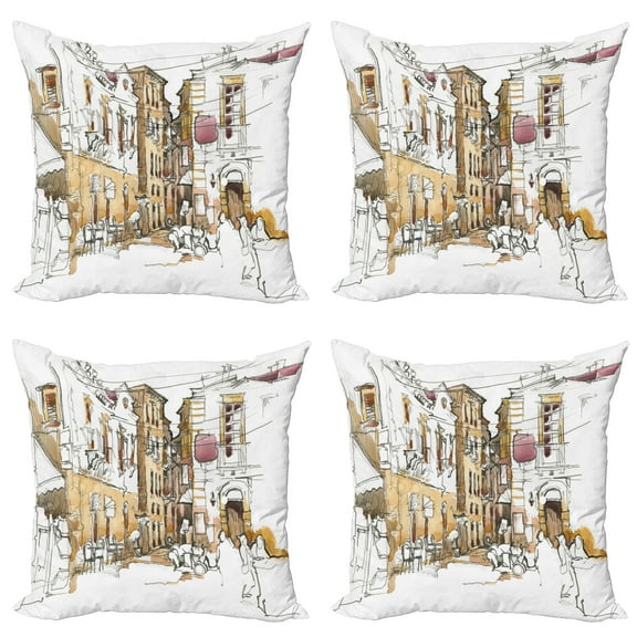 Ambesonne Watercolor Throw Pillow Cover 4 Pack, Street Town Sketch, 24", Sand Brown and White