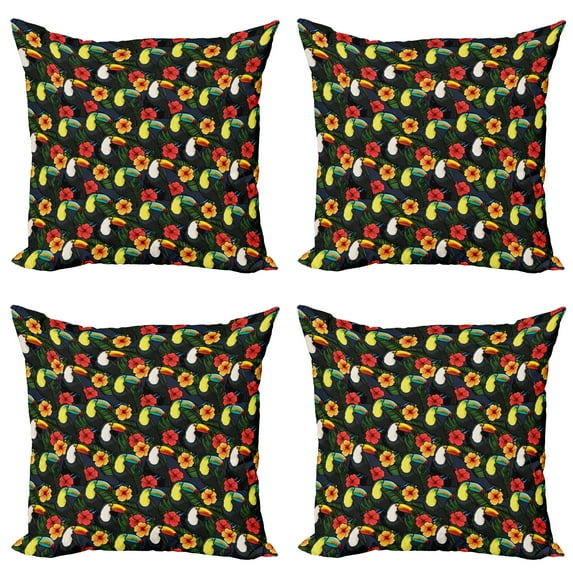 Ambesonne Watercolor Throw Pillow Cover 4 Pack, Toucan and Hibiscus, 24", Multicolor