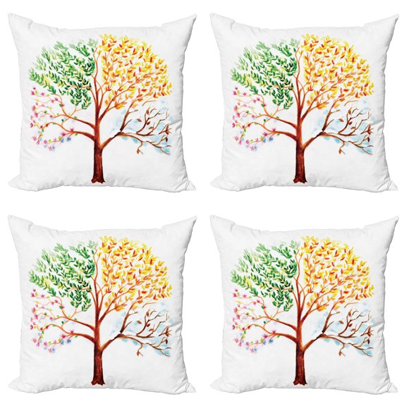 Ambesonne Watercolor Throw Pillow Cover 4 Pack, Tree Seasons Nature, 16", Multicolor