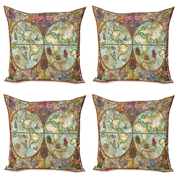 Ambesonne Watercolor Throw Pillow Cover 4 Pack, Vintage World Map, 24", Multicolor