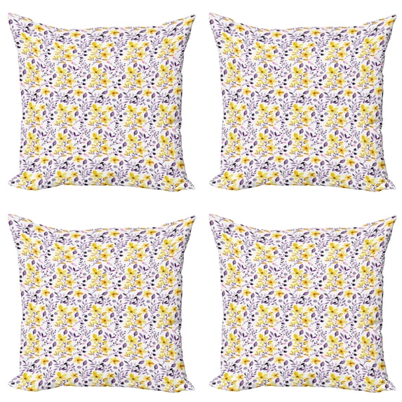 Ambesonne Watercolor Throw Pillow Cover 4 Pack, Yellow Wildflowers, 20", Yellow Purple White