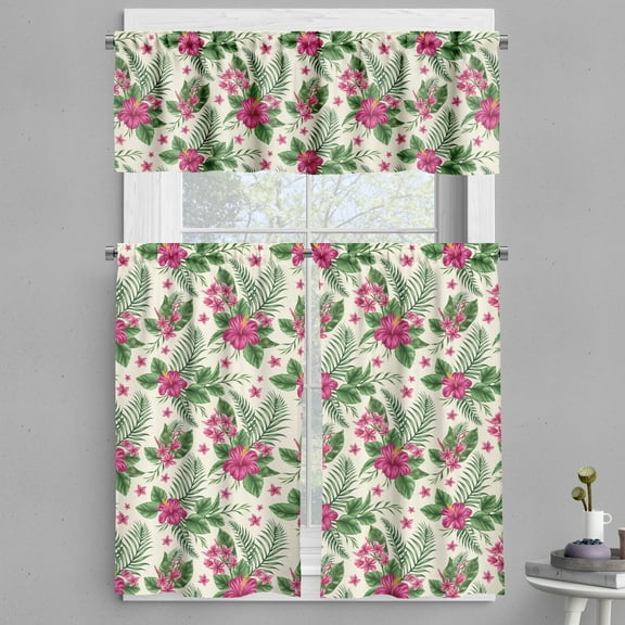Ambesonne Watercolor Valance & Curtain, Plumeria Hibiscus, 55"x24", Magenta Cream Green