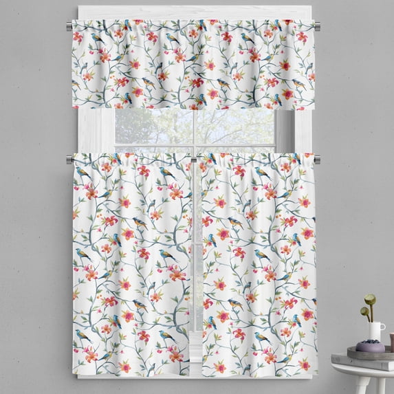 Ambesonne Watercolor Valance & Curtain, Retro Birds on Branches, 55"x30", Multicolor