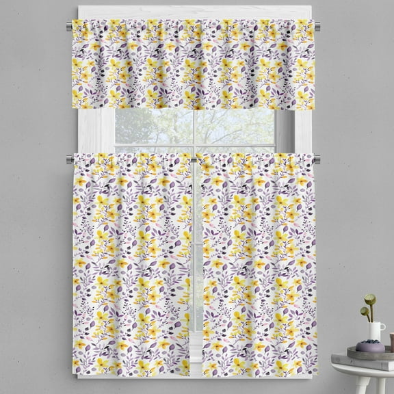 Ambesonne Watercolor Valance & Curtain, Yellow Wildflowers, 55"x24", Yellow Purple White