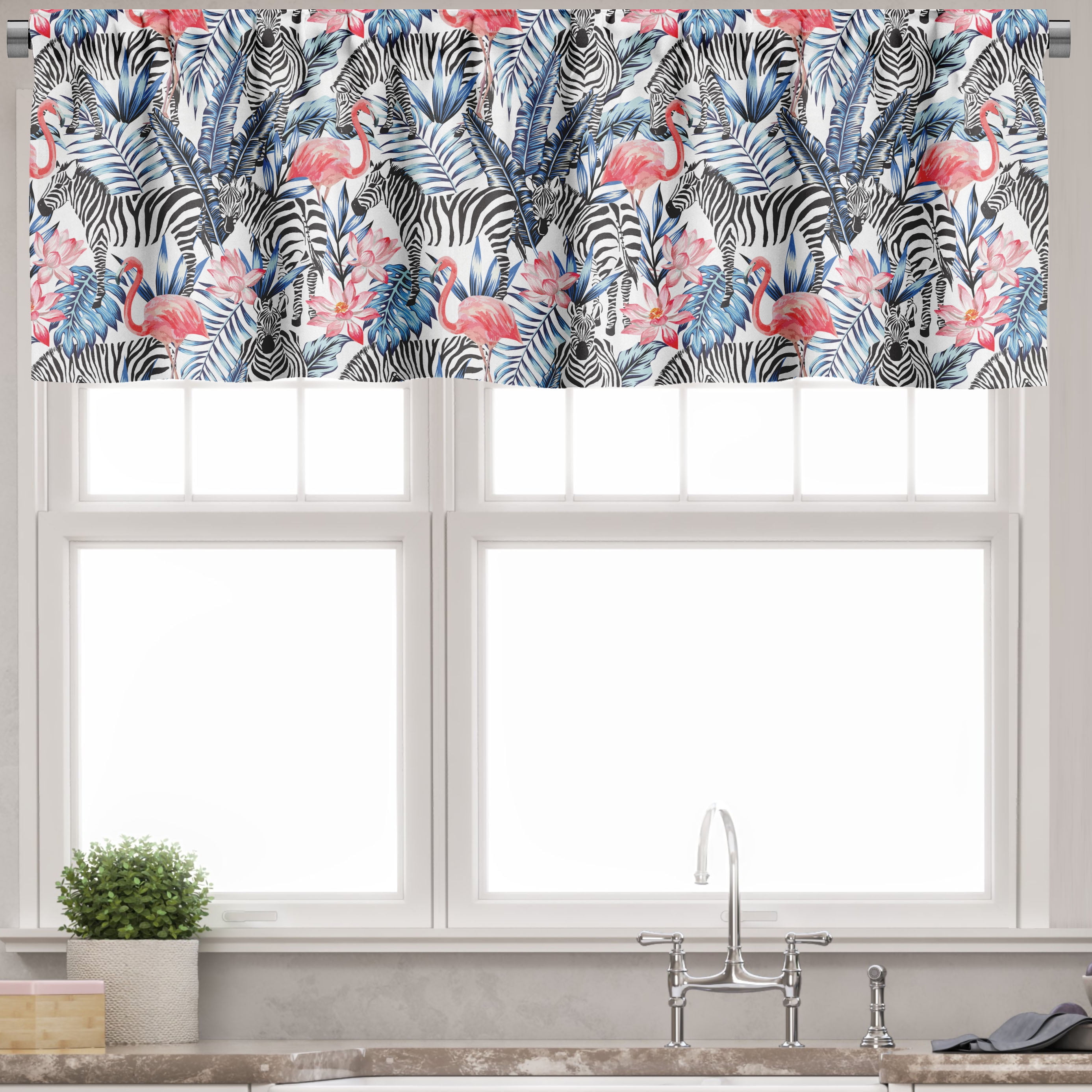Watercolor Flamingo and Zebra Satin Valance Set