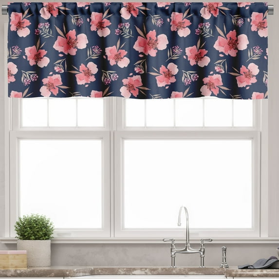 Ambesonne Watercolor Valance Pack of 2, Pink Garden Flora, 54"X18", Navy Blue Coral