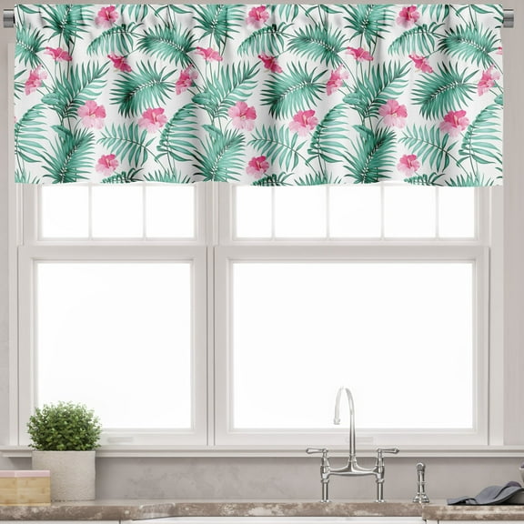Ambesonne Watercolor Valance Pack of 2, Tropic Ferns Flowers, 42"X12", Seafoam Pink