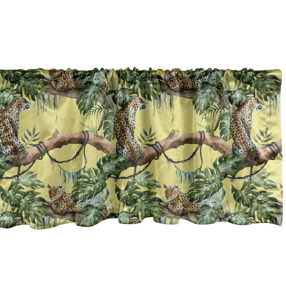 Ambesonne Watercolor Window Valance, Leopards in Jungle, 54" X 18", Yellow Green Pale Yellow