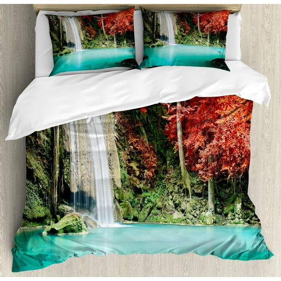 Ambesonne Waterfall Duvet Cover Set, Fall Forest Oaks, Calking, Red and Blue