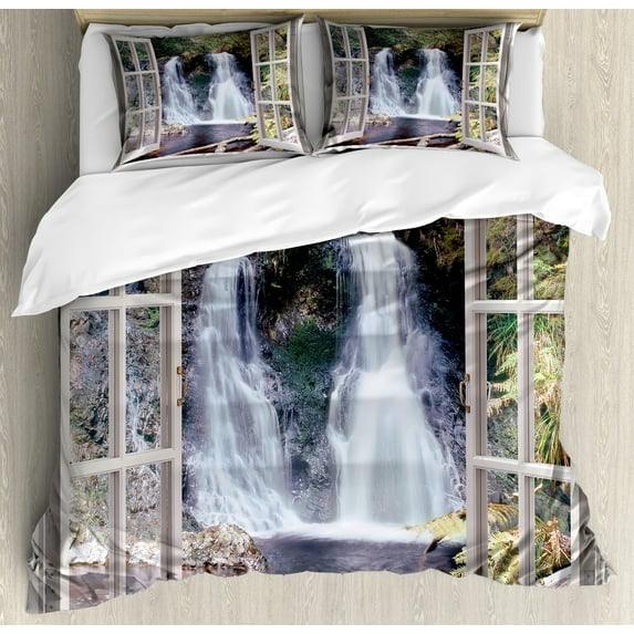 Ambesonne Waterfall Duvet Cover Sets, National Park River, 2-King, Brown Green