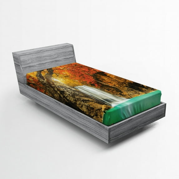 Ambesonne Waterfall Fitted Sheet, Autumn Nature Forest, Twin XL Size, Orange Blue