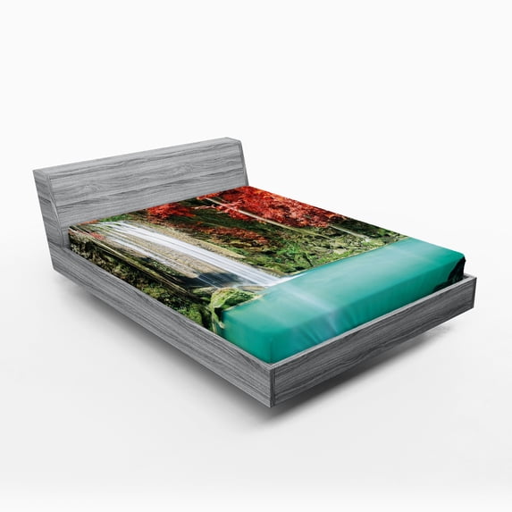 Ambesonne Waterfall Fitted Sheet, Fall Forest Oaks, Full Size, Red and Blue