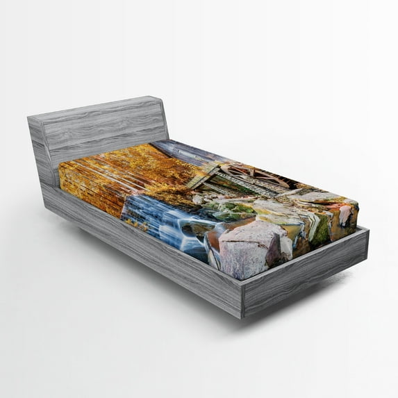 Ambesonne Waterfall Fitted Sheet, Historic Mill Autumn, Twin XL Size, Yellow Brown