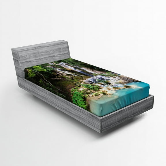Ambesonne Waterfall Fitted Sheet, Laos Vietnamese Lake, Twin XL Size, Blue and Green