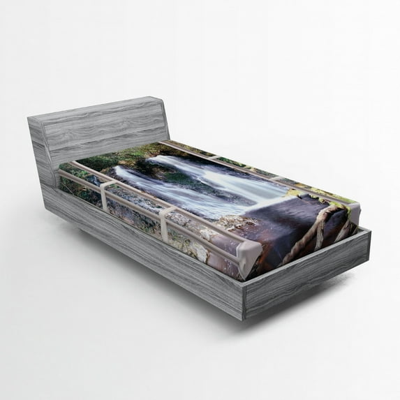 Ambesonne Waterfall Fitted Sheet, National Park River, Twin XL Size, Brown Green