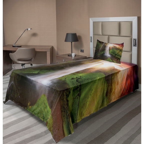 Ambesonne Waterfall Fitted & Top Sheet Set with Sham, Sunset Sky in Iceland, Multicolor