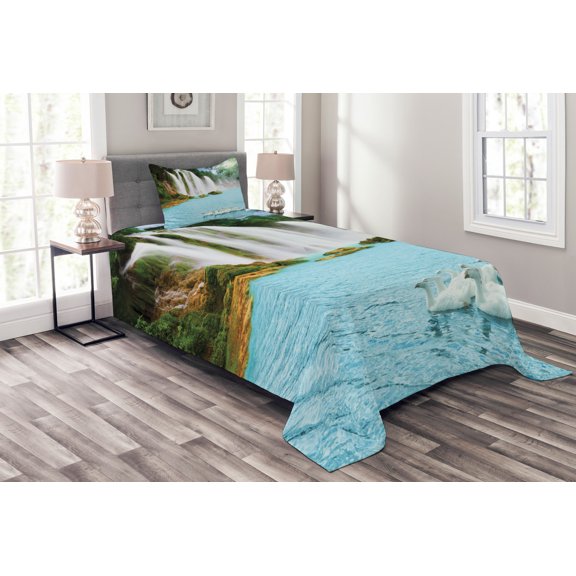 Ambesonne Waterfall Quilted Bedspread Set 2 Pcs, Lake and Swans Nature, Twin Size, Blue Green White