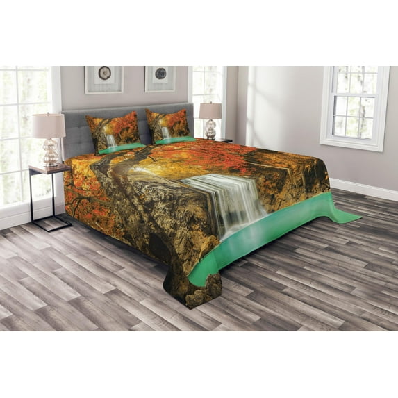Ambesonne Waterfall Quilted Bedspread Set 3 Pcs, Autumn Nature Forest, King Size, Orange Blue