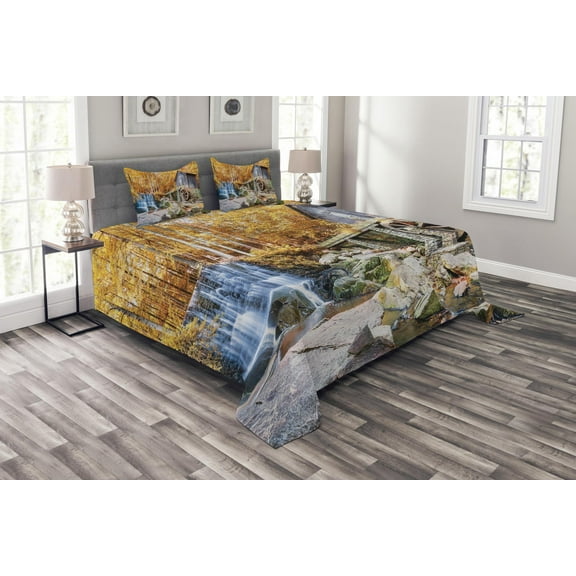 Ambesonne Waterfall Quilted Bedspread Set 3 Pcs, Historic Mill Autumn, King Size, Yellow Brown