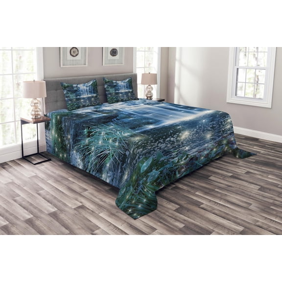 Ambesonne Waterfall Quilted Bedspread Set 3 Pcs, Magic Cascade, King Size, Grey Green