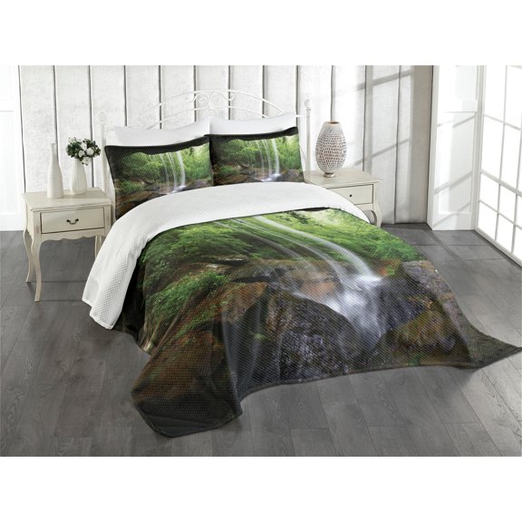 Ambesonne Waterfall Quilted Bedspread Set 3 Pcs, Northern Alabama, King Size, Green Brown
