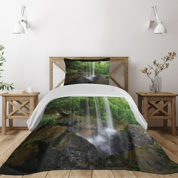 Ambesonne Waterfall Quilted Coverlet 2 Pcs, Northern Alabama, Twin Size, Green Brown