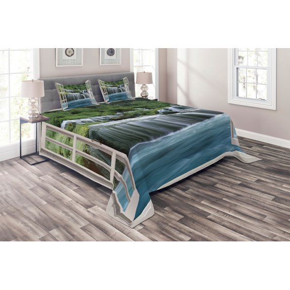 Ambesonne Waterfall Quilted Coverlet 3 Pcs, Majestic Paradise, Queen Size, Blue Green